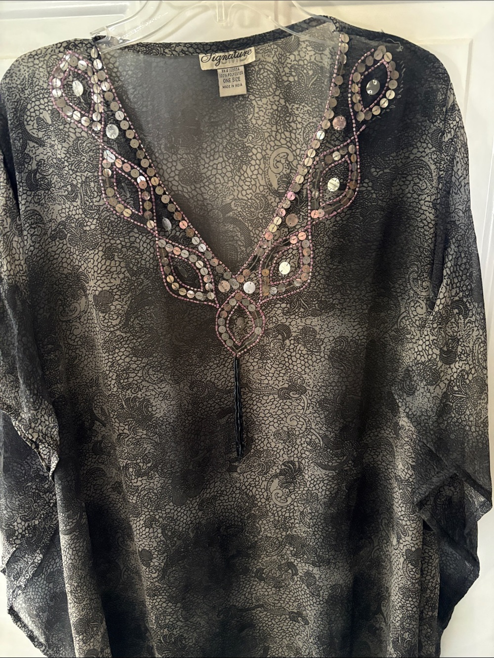 Signature Black Paisley Sequin-Trim V-Neck Tunic